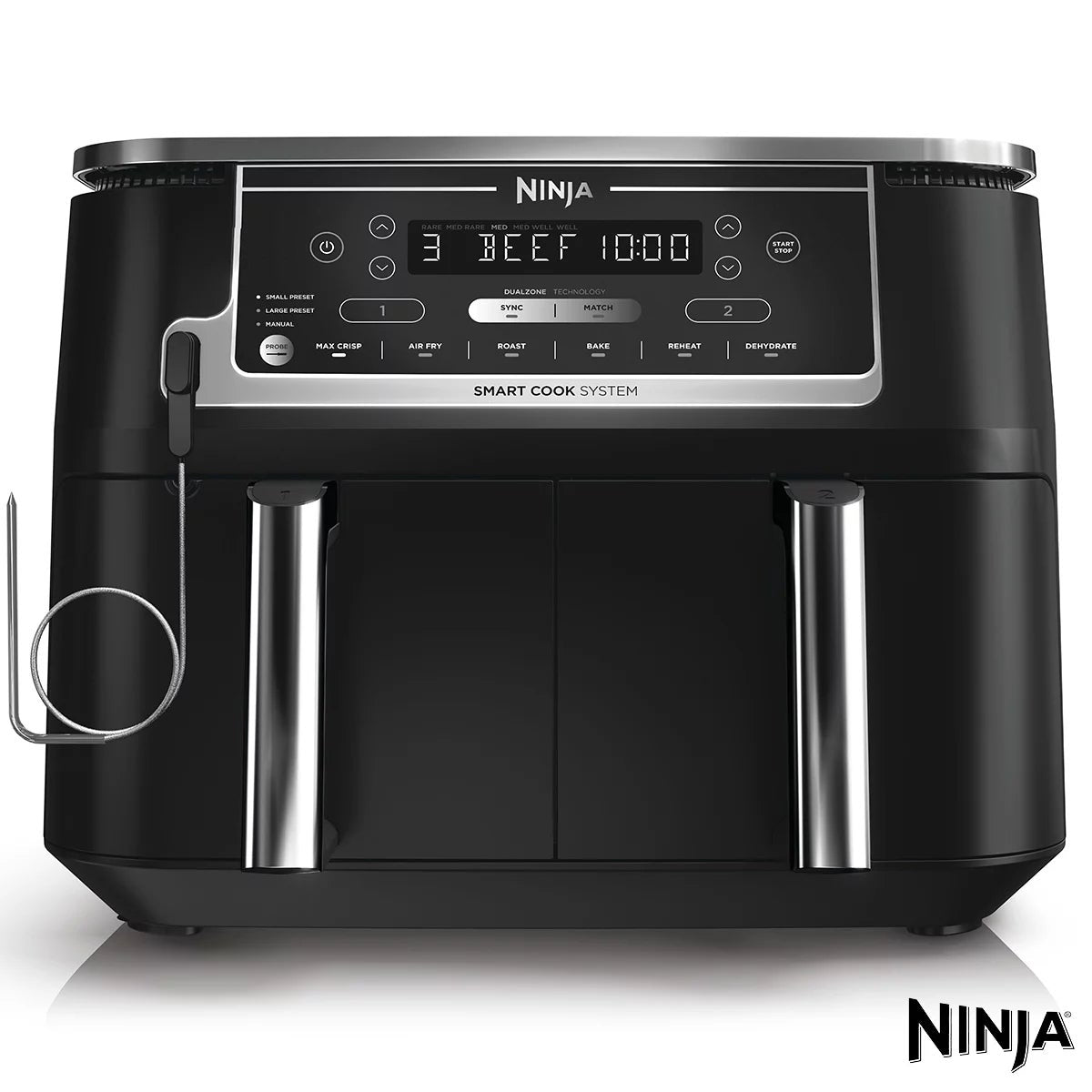 Front angle view of the black Ninja Foodi MAX AF451UK Dual Zone Air Fryer with digital touch screen displaying two pulled-out drawers and digital probe.