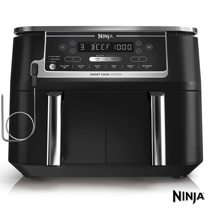 Front angle view of the black Ninja Foodi MAX AF451UK Dual Zone Air Fryer with digital touch screen displaying two pulled-out drawers and digital probe.
