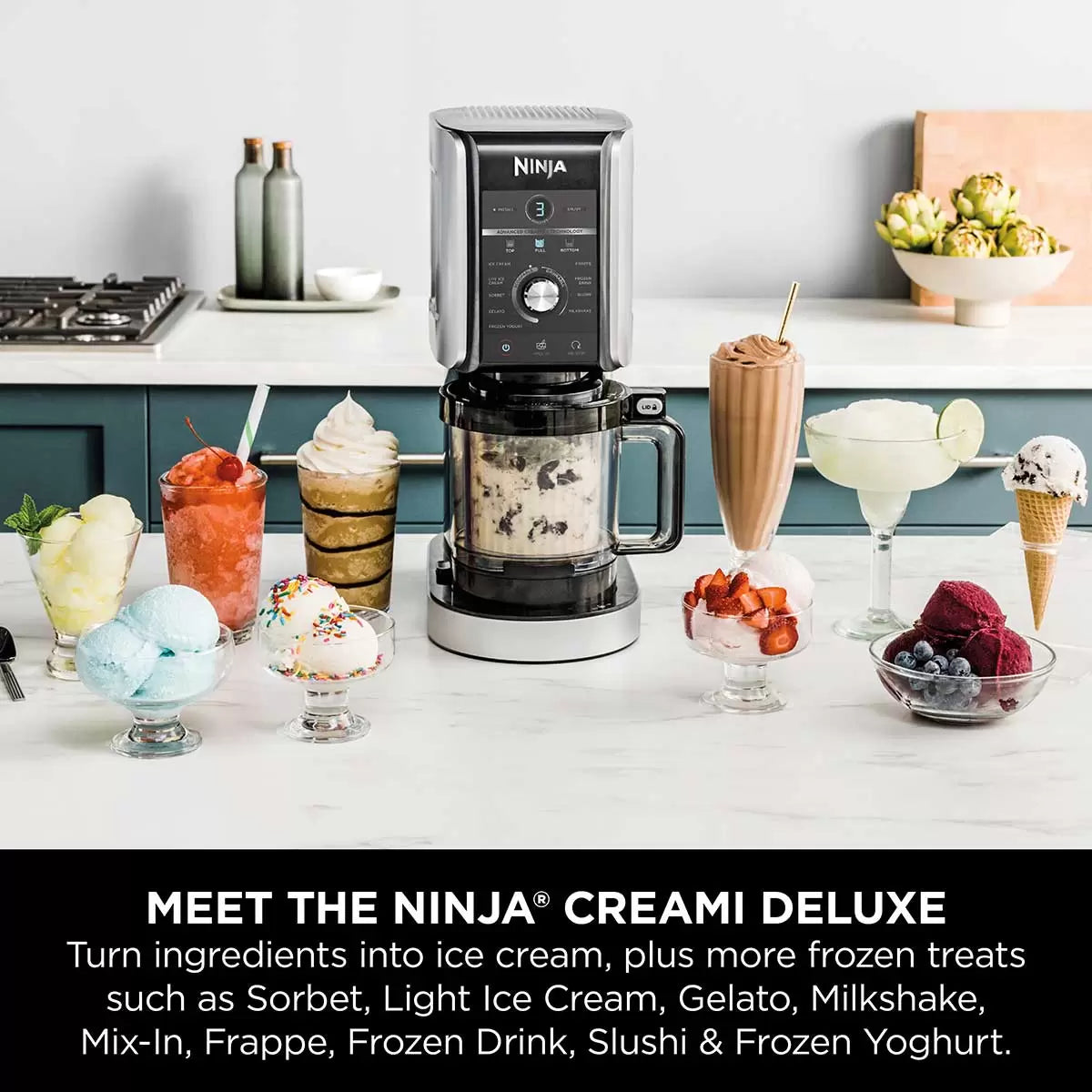 Front view of the matte silver Ninja CREAMi Deluxe NC501UK on a white kitchen counter next to a tub filled with fresh chocolate gelato and berries.