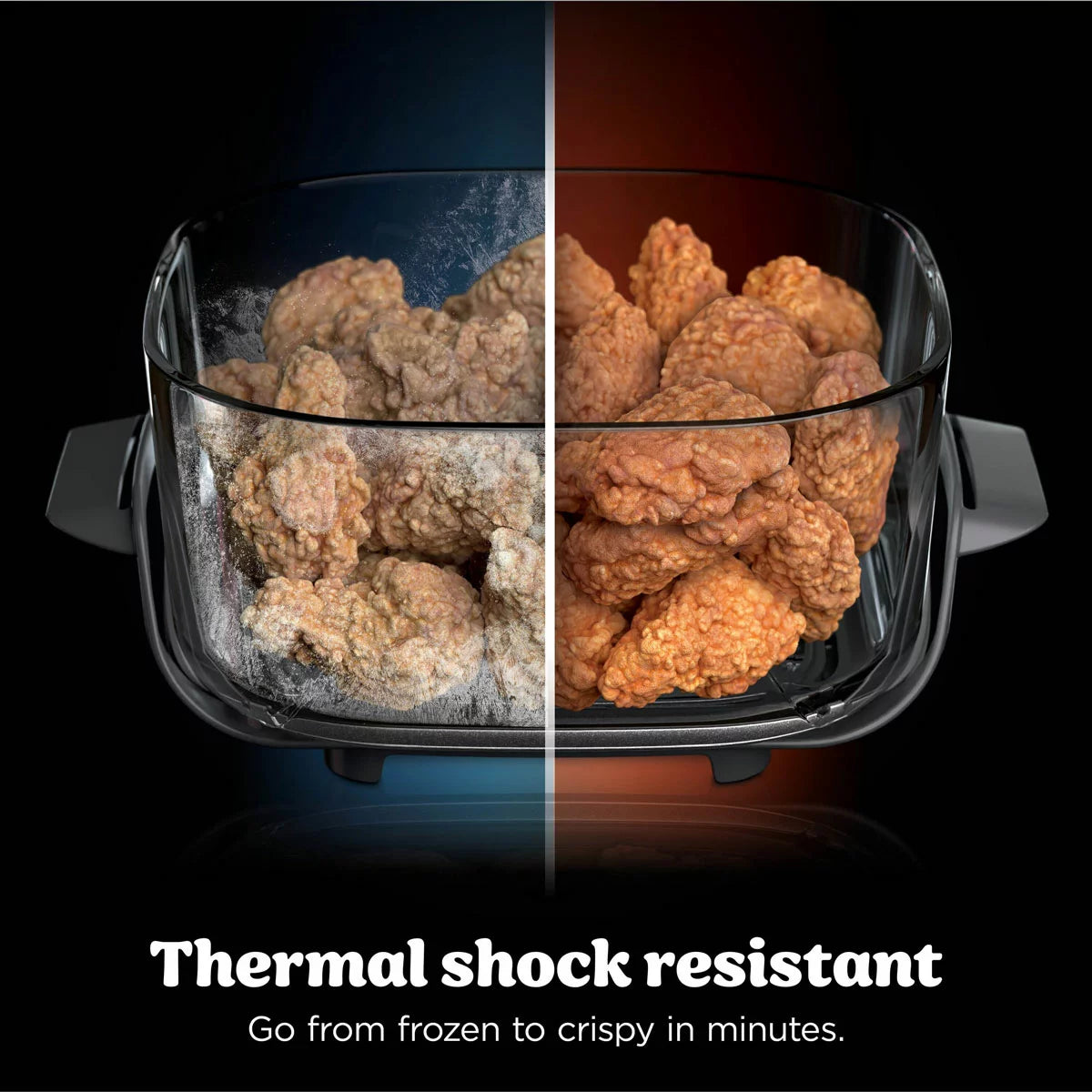 Ninja CRISPi PRO 5-in-1 Glass Air Fryer in two colours with glass cooking containers for healthy crispy cooking and versatile meal preparation.