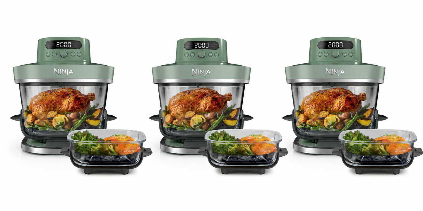 Ninja CRISPi PRO 5-in-1 Glass Air Fryer in two colours with glass cooking containers for healthy crispy cooking and versatile meal preparation.