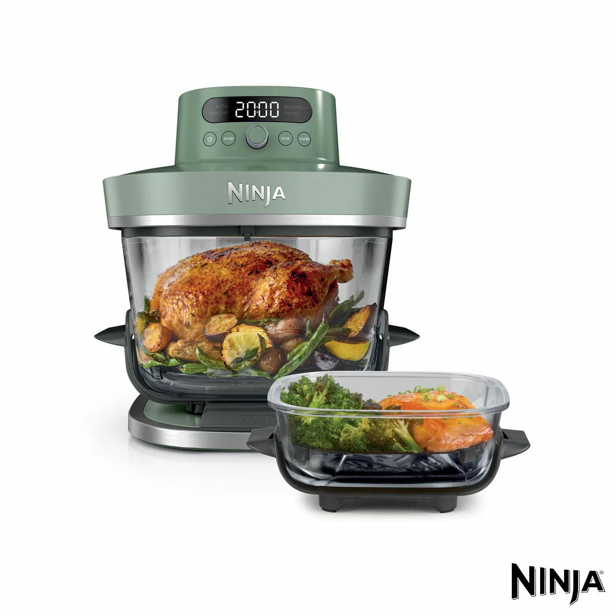 Ninja CRISPi PRO 5-in-1 Glass Air Fryer in two colours with glass cooking containers for healthy crispy cooking and versatile meal preparation.