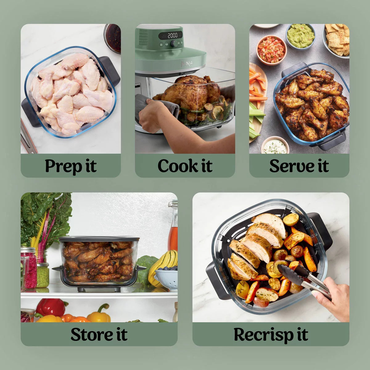 Ninja CRISPi PRO 5-in-1 Glass Air Fryer in two colours with glass cooking containers for healthy crispy cooking and versatile meal preparation.