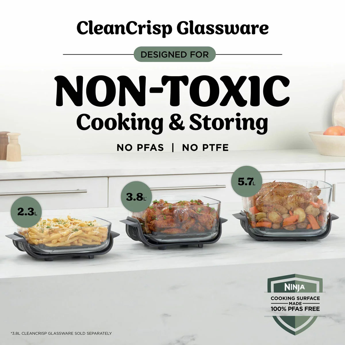 Ninja CRISPi PRO 5-in-1 Glass Air Fryer in two colours with glass cooking containers for healthy crispy cooking and versatile meal preparation.