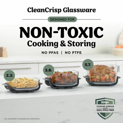 Ninja CRISPi PRO 5-in-1 Glass Air Fryer in two colours with glass cooking containers for healthy crispy cooking and versatile meal preparation.