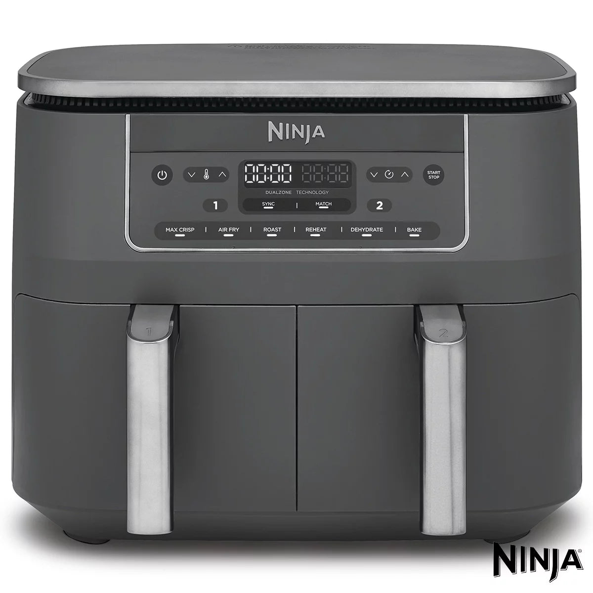 Front view of the Ninja DZ300UK Dual Zone Air Fryer in gun metal grey with both drawers closed sitting on a modern kitchen countertop.