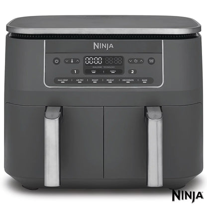 Front view of the Ninja DZ300UK Dual Zone Air Fryer in gun metal grey with both drawers closed sitting on a modern kitchen countertop.