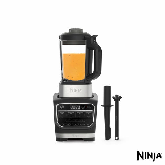 Front view of the black Ninja Foodi HB150UK Blender and Soup Maker with its clear glass jug mounted on the 1000W motor base on a clean kitchen counter.