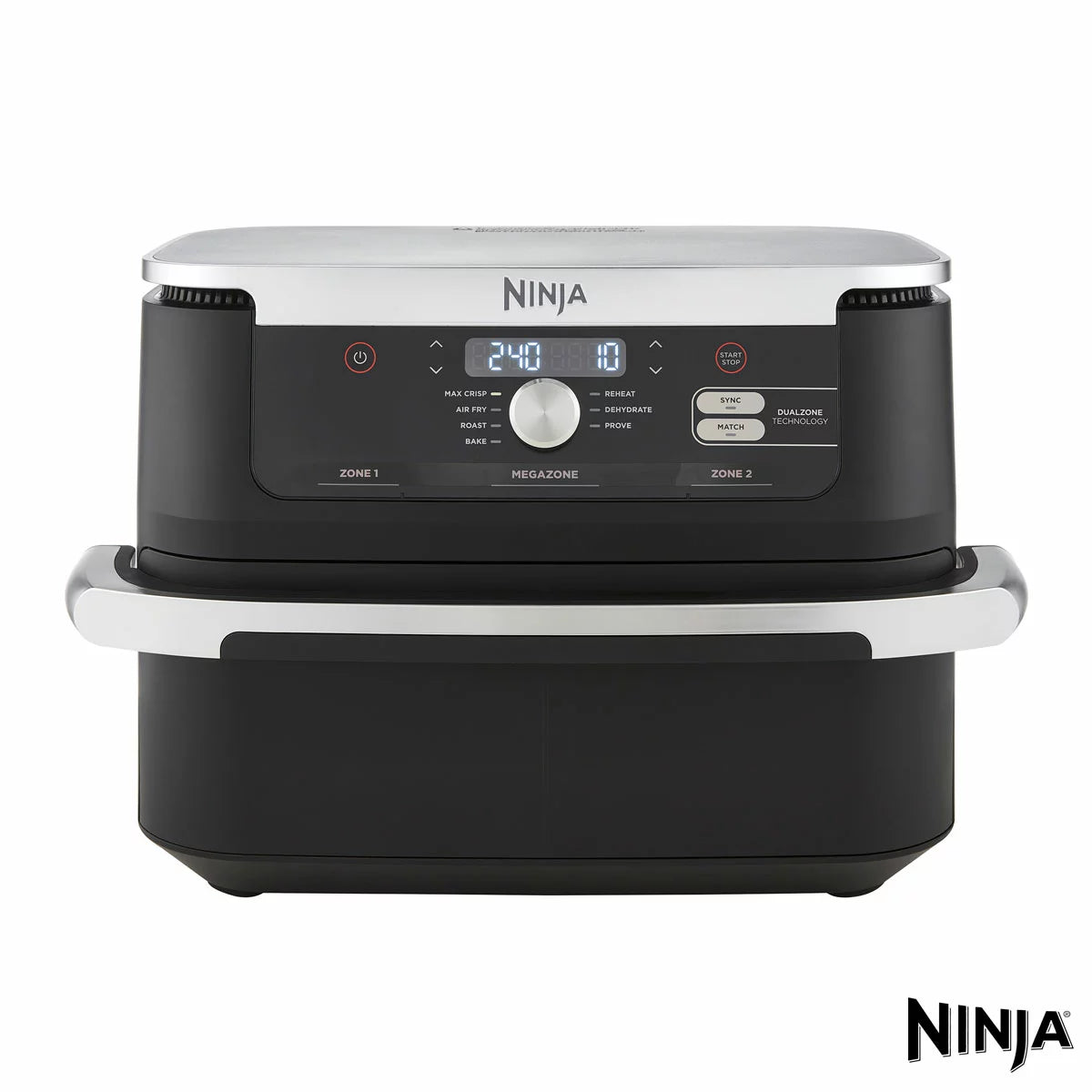Ninja Foodi FlexDrawer 10.4L air fryer in black, shown with the dual-zone drawer pulled open to reveal the interior on a clean, modern kitchen countertop.