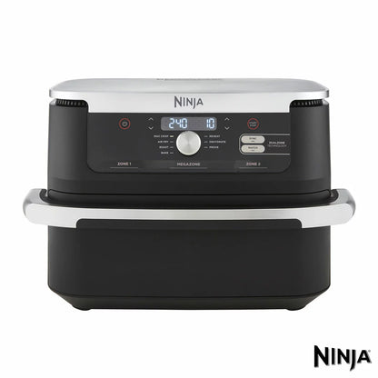 Ninja Foodi FlexDrawer 10.4L air fryer in black, shown with the dual-zone drawer pulled open to reveal the interior on a clean, modern kitchen countertop.