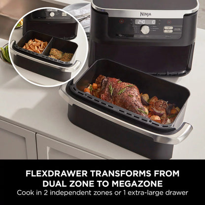 Ninja Foodi FlexDrawer 10.4L air fryer in black, shown with the dual-zone drawer pulled open to reveal the interior on a clean, modern kitchen countertop.