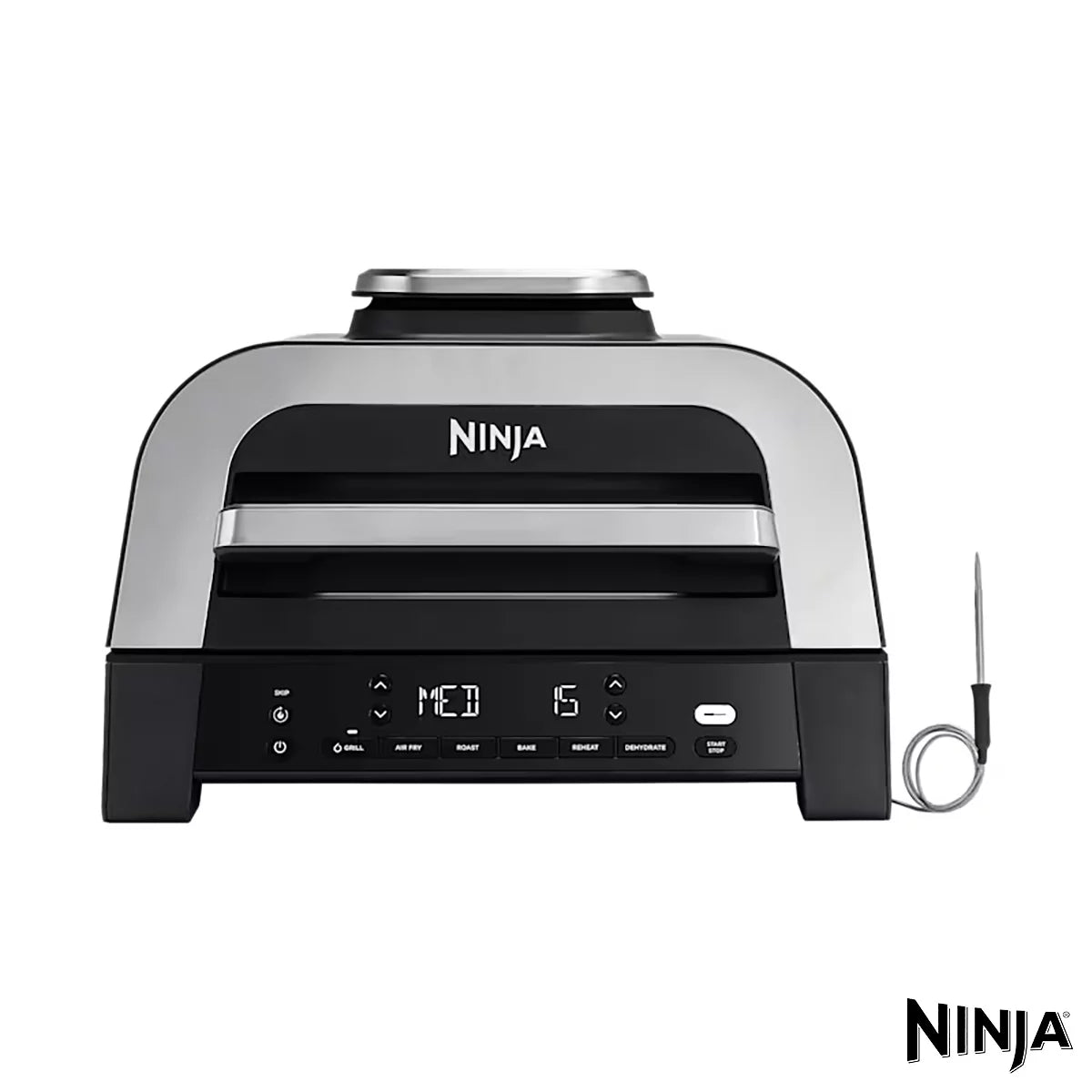 Front view of the grey Ninja DG551UK 6-in-1 MAX Grill and Air Fryer sitting on a modern kitchen countertop with digital probe attached.