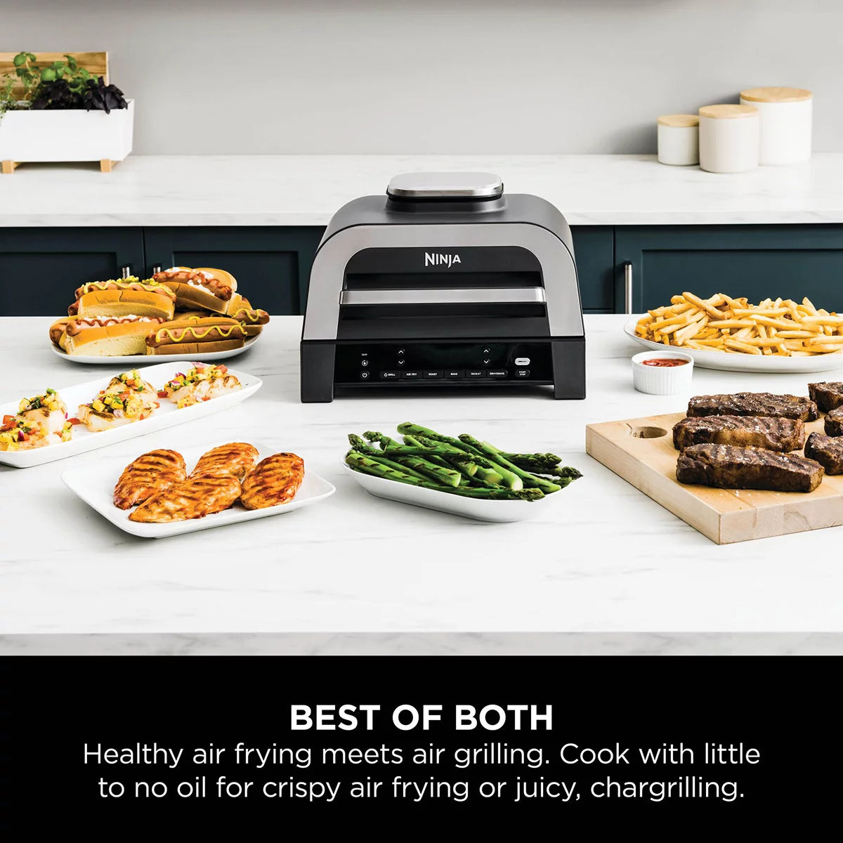 Front view of the grey Ninja DG551UK 6-in-1 MAX Grill and Air Fryer sitting on a modern kitchen countertop with digital probe attached.