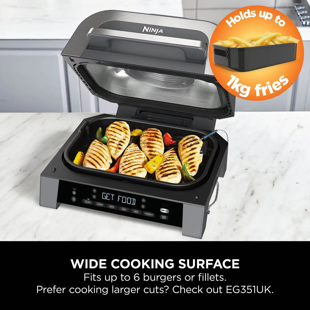 Front view of the grey Ninja DG551UK 6-in-1 MAX Grill and Air Fryer sitting on a modern kitchen countertop with digital probe attached.