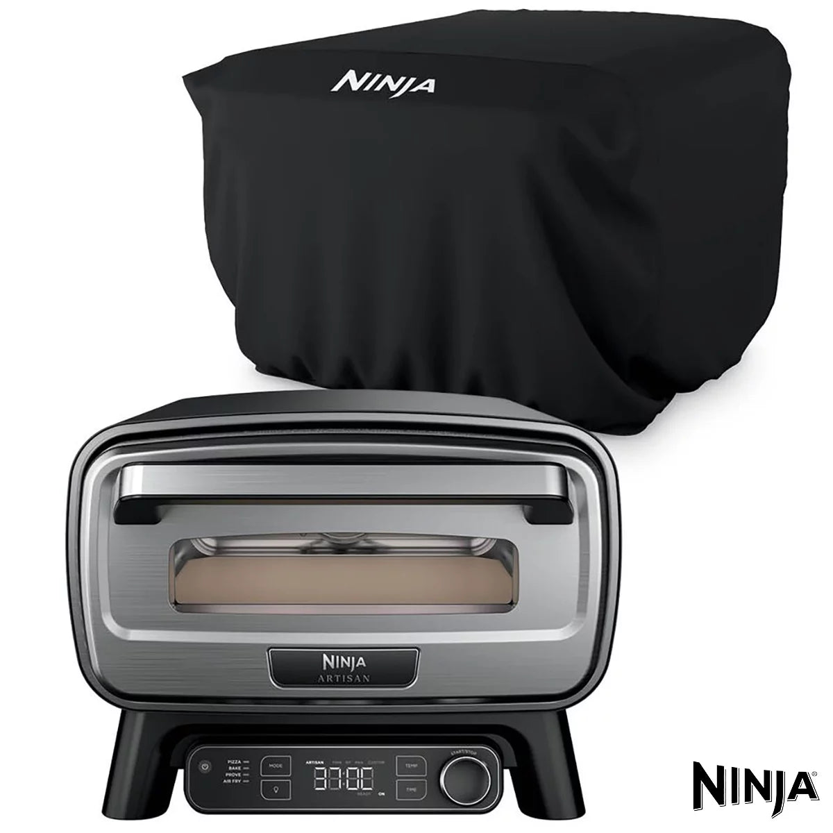 Front view of the grey Ninja MO203UK electric outdoor pizza oven with glowing interior light displaying a fresh 12-inch artisan pizza on the stone.