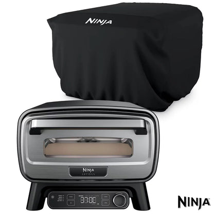 Front view of the grey Ninja MO203UK electric outdoor pizza oven with glowing interior light displaying a fresh 12-inch artisan pizza on the stone.