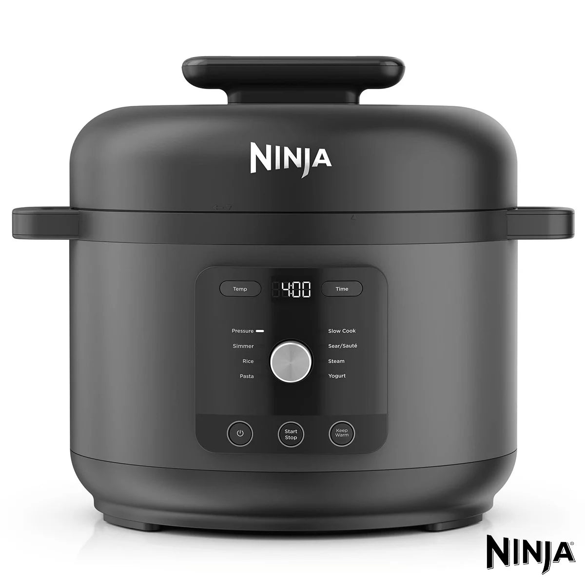 Front view of the black Ninja PC201UK HyperHeat 6L 9-in-1 pressure and rice cooker on a kitchen counter displaying its digital touch interface and sleek matte body.
