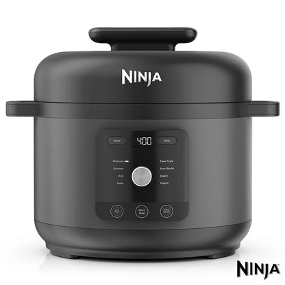 Front view of the black Ninja PC201UK HyperHeat 6L 9-in-1 pressure and rice cooker on a kitchen counter displaying its digital touch interface and sleek matte body.