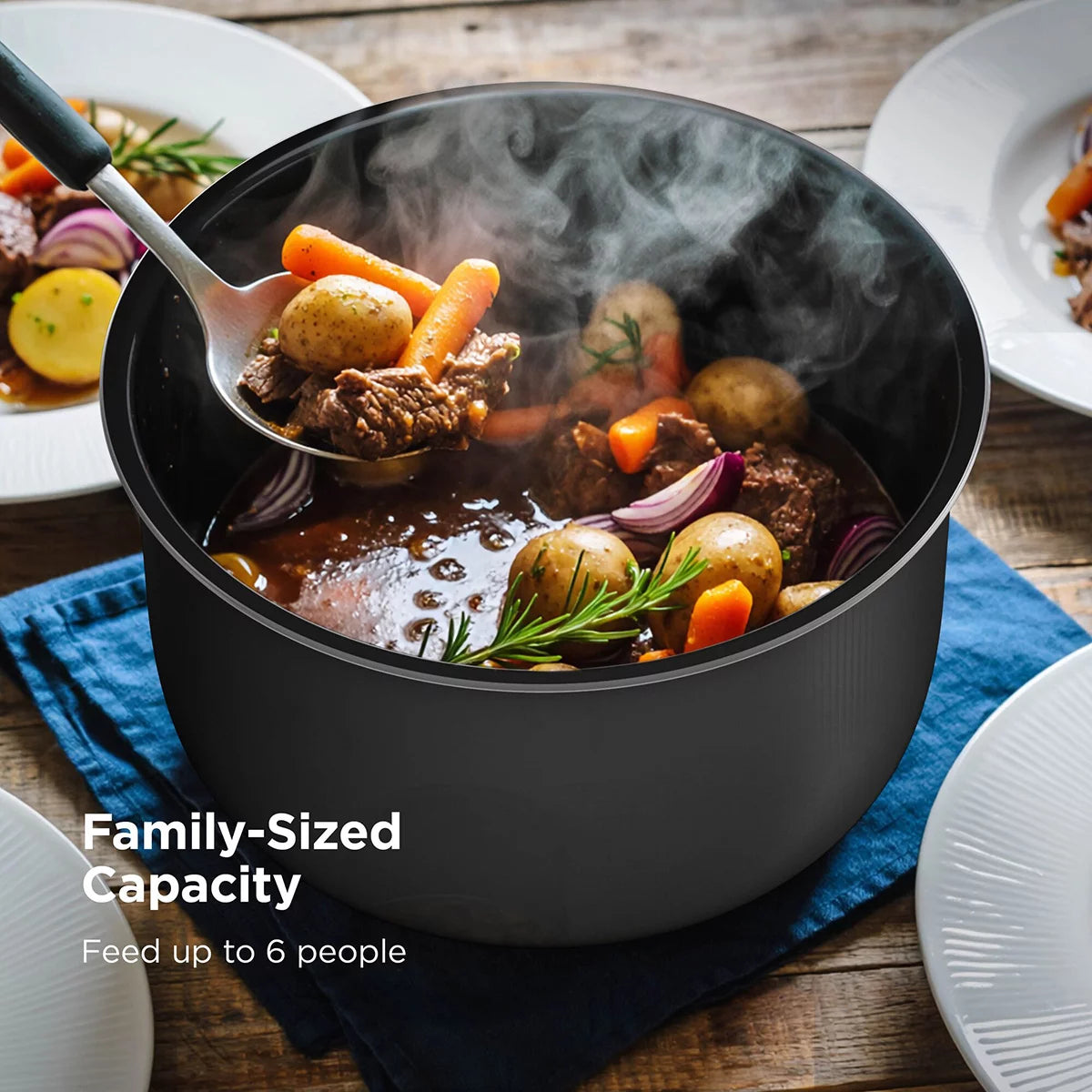 Front view of the black Ninja PC201UK HyperHeat 6L 9-in-1 pressure and rice cooker on a kitchen counter displaying its digital touch interface and sleek matte body.