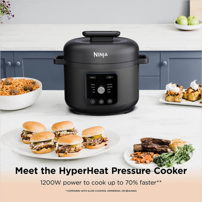 Front view of the black Ninja PC201UK HyperHeat 6L 9-in-1 pressure and rice cooker on a kitchen counter displaying its digital touch interface and sleek matte body.
