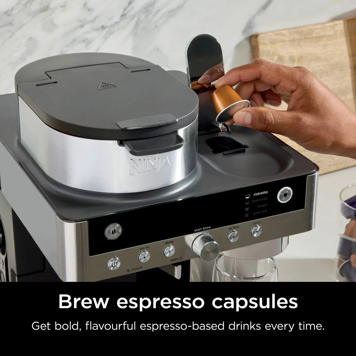 Ninja Prestige DualBrew System CFN802UK coffee machine brewing pod and ground coffee for café-style drinks .