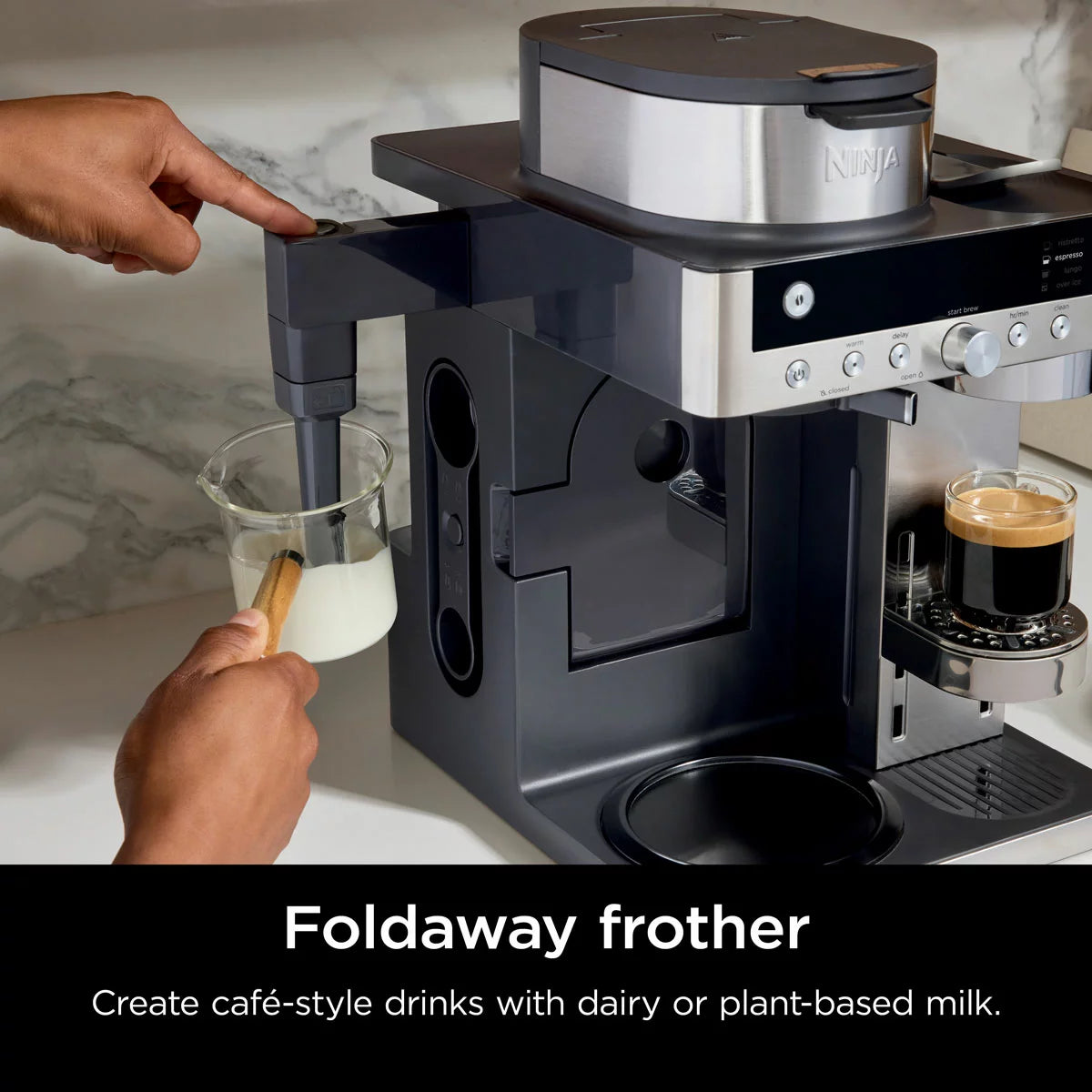 Ninja Prestige Dualbrew System CFN802UK in matte black and silver displaying the 1.8-litre glass carafe, control panel, and foldaway milk frother on a modern kitchen counter.