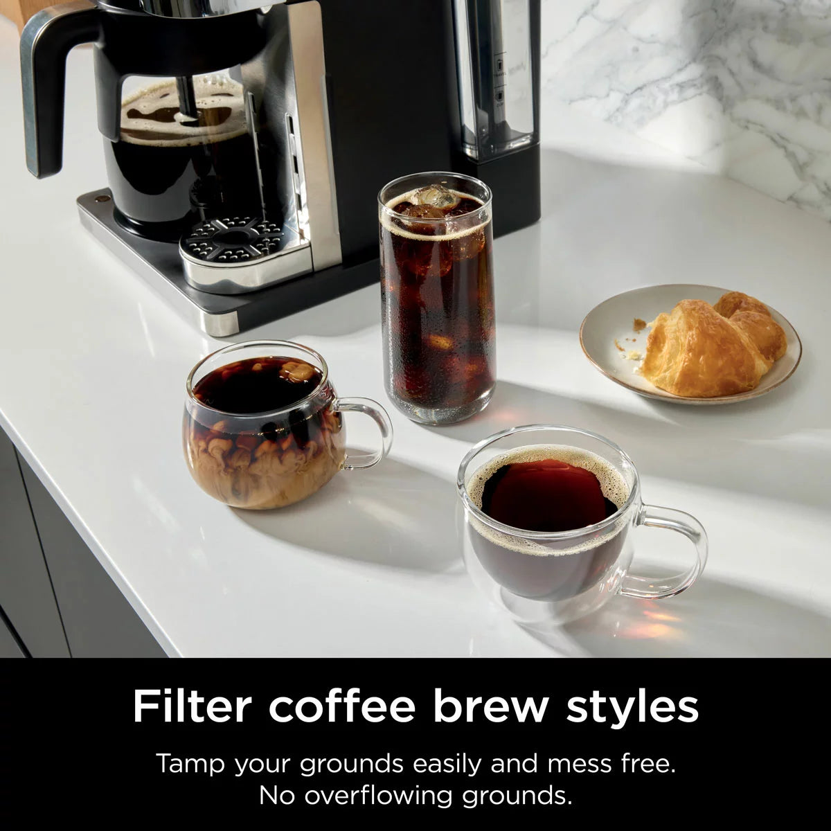 Ninja Prestige Dualbrew System CFN802UK in matte black and silver displaying the 1.8-litre glass carafe, control panel, and foldaway milk frother on a modern kitchen counter.