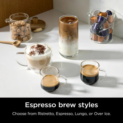 Ninja Prestige Dualbrew System CFN802UK in matte black and silver displaying the 1.8-litre glass carafe, control panel, and foldaway milk frother on a modern kitchen counter.