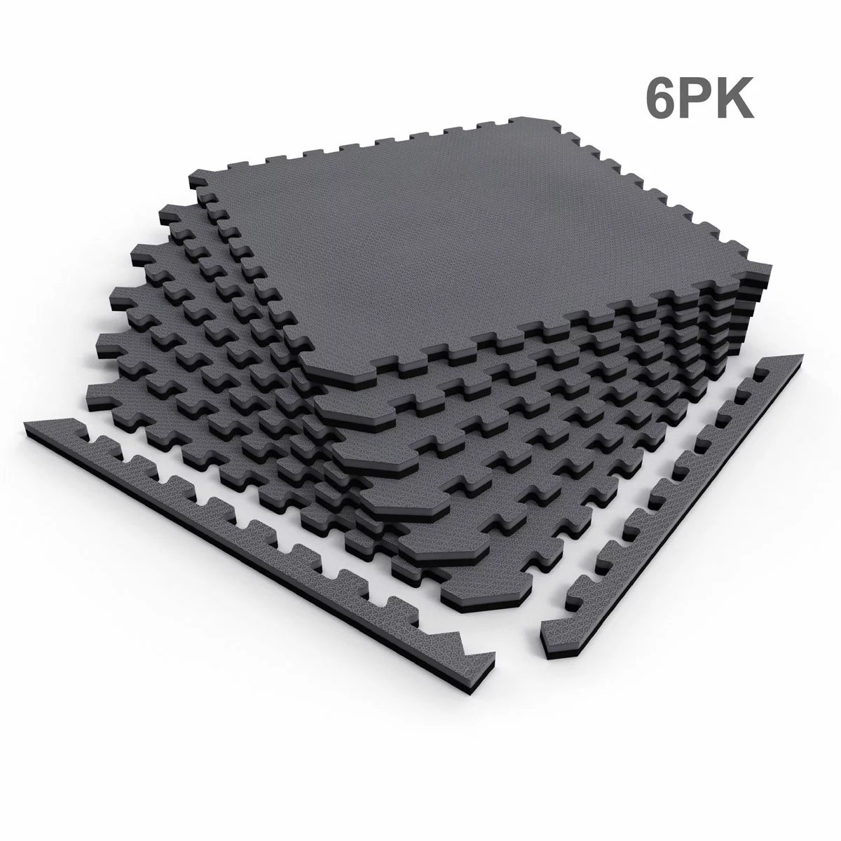 Top-angle view of six interlocking 20mm thick grey and black Norsk reversible foam tiles laid out on a concrete home gym floor.