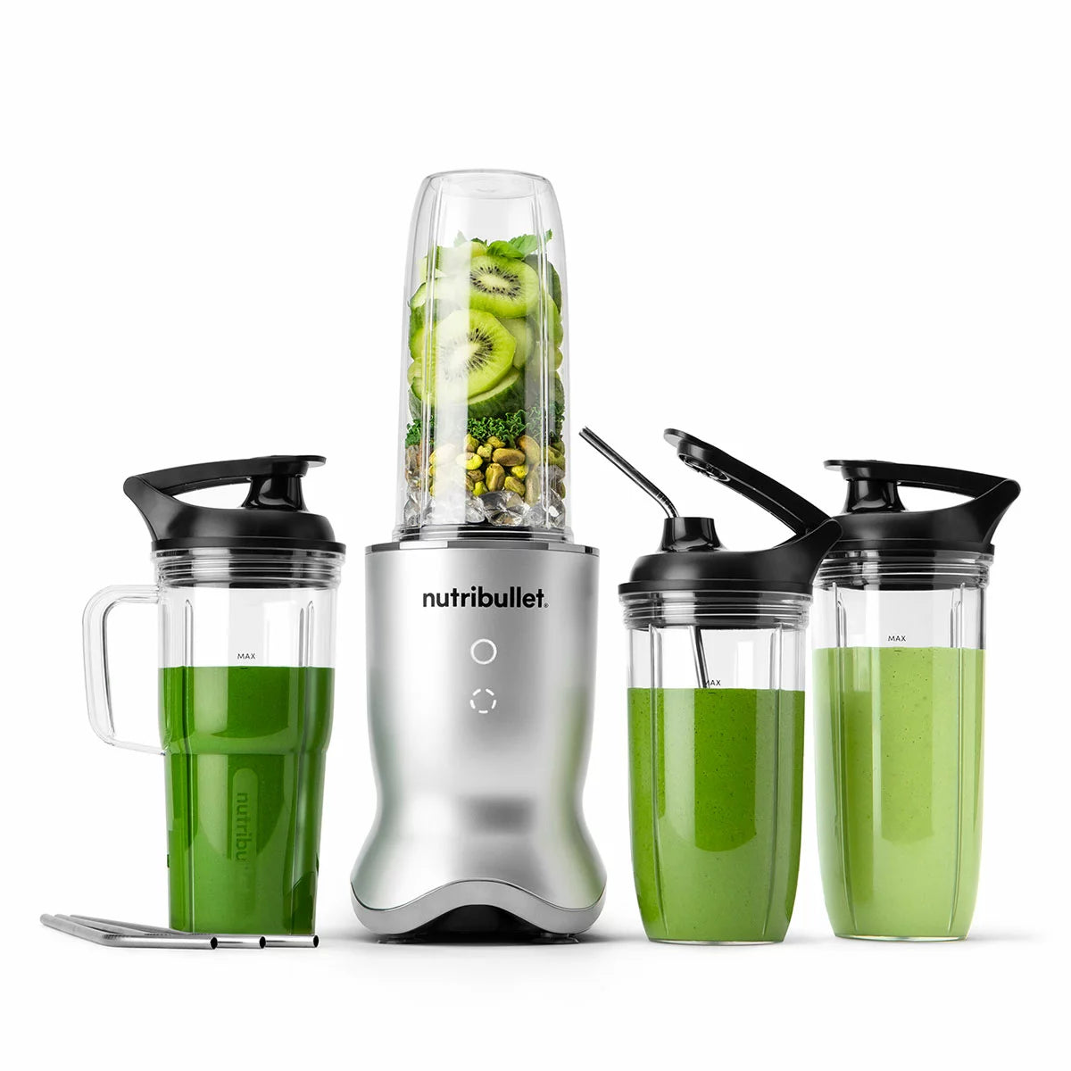 The sleek NutriBullet Ultra Deluxe blending base with a 900ml cup, stainless steel straws, and assorted lids arranged neatly on a modern kitchen surface.