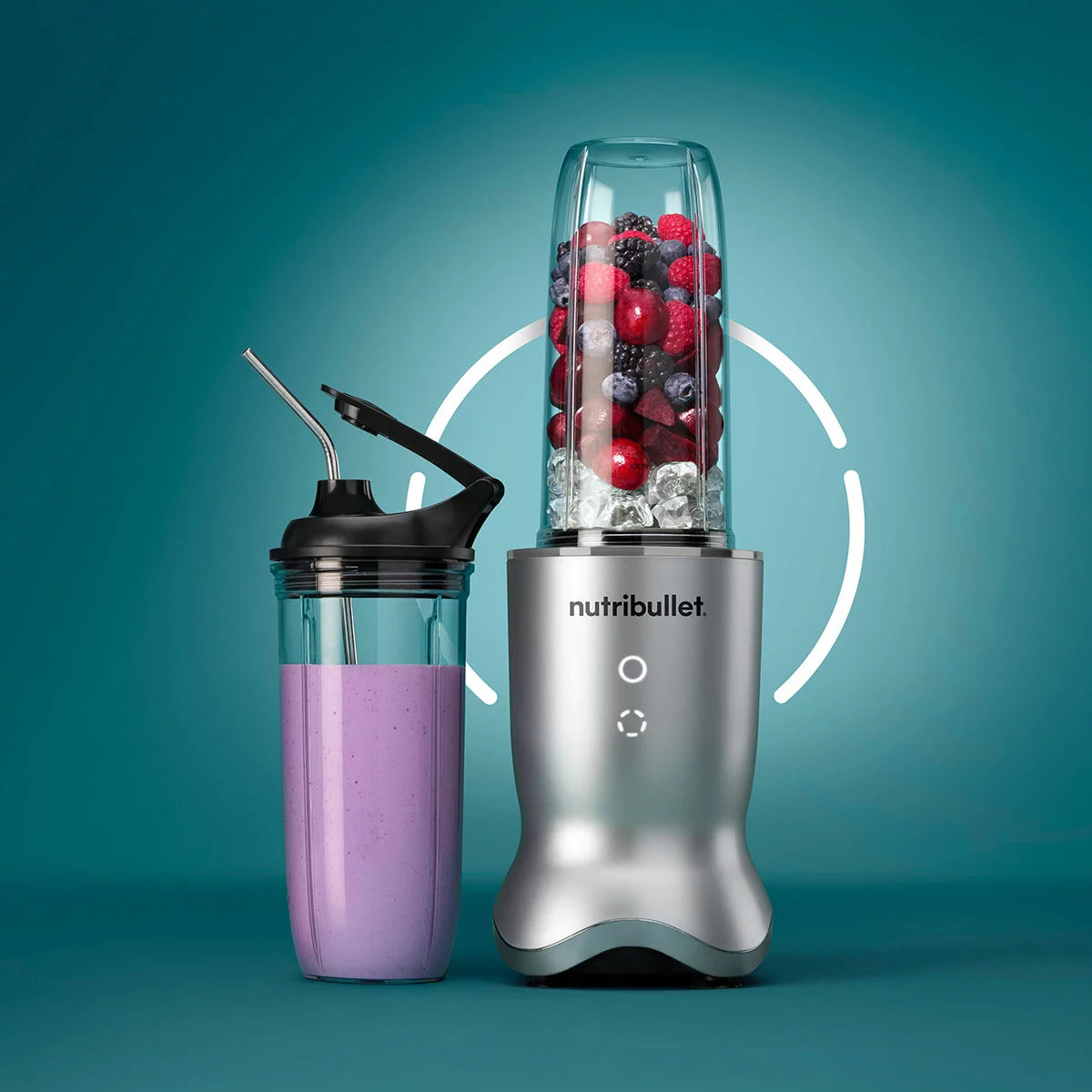 The sleek NutriBullet Ultra Deluxe blending base with a 900ml cup, stainless steel straws, and assorted lids arranged neatly on a modern kitchen surface.