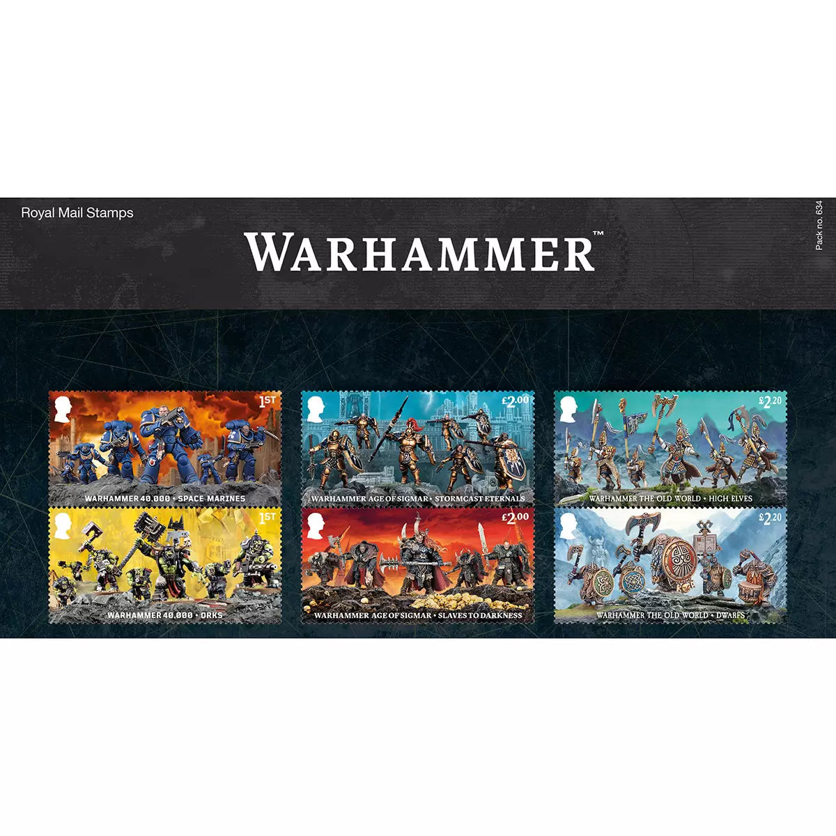 Official Warhammer Stamps Presentation Pack by Royal Mail featuring collectible Warhammer-themed stamps for fans and collectors