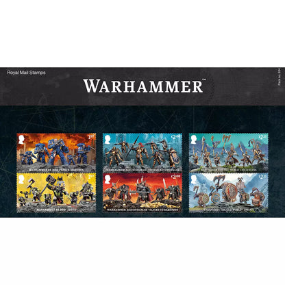 Official Warhammer Stamps Presentation Pack by Royal Mail featuring collectible Warhammer-themed stamps for fans and collectors