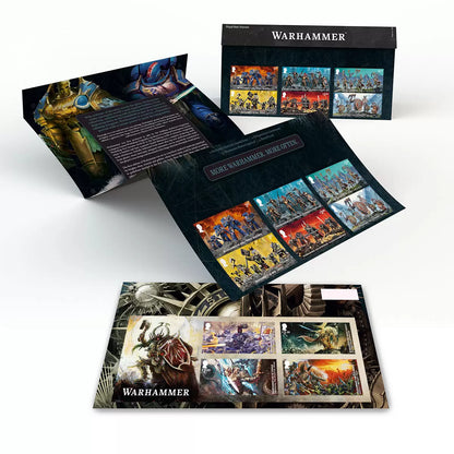 Official Warhammer Stamps Presentation Pack by Royal Mail featuring collectible Warhammer-themed stamps for fans and collectors