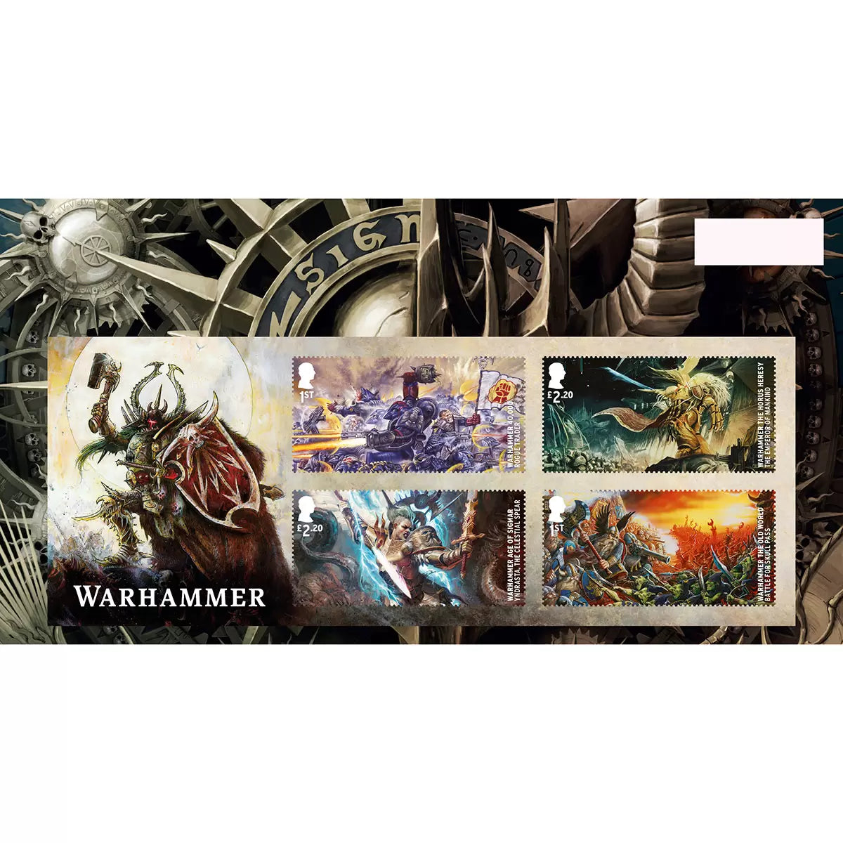 Official Warhammer Stamps Presentation Pack by Royal Mail featuring collectible Warhammer-themed stamps for fans and collectors