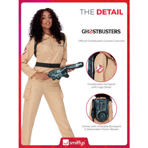 Front view of a woman wearing an officially licensed beige Ghostbusters jumpsuit costume with an inflated proton backpack prop.