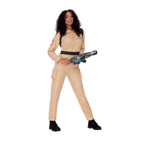 Front view of a woman wearing an officially licensed beige Ghostbusters jumpsuit costume with an inflated proton backpack prop.