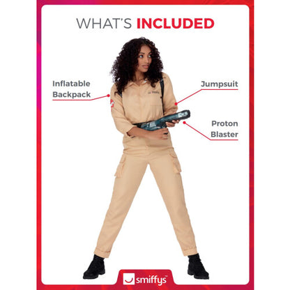 Front view of a woman wearing an officially licensed beige Ghostbusters jumpsuit costume with an inflated proton backpack prop.