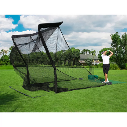 Front three-quarter view of the large black On Par Deluxe Home Golf Driving Net set up on a green garden lawn with its wide side protection wings fully extended.