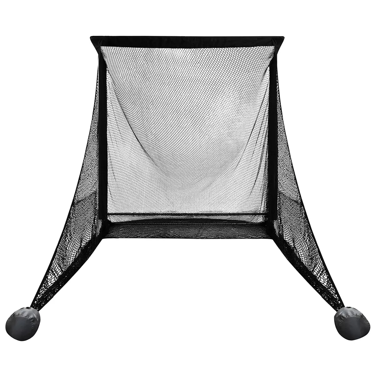 Front three-quarter view of the large black On Par Deluxe Home Golf Driving Net set up on a green garden lawn with its wide side protection wings fully extended.