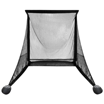 Front three-quarter view of the large black On Par Deluxe Home Golf Driving Net set up on a green garden lawn with its wide side protection wings fully extended.