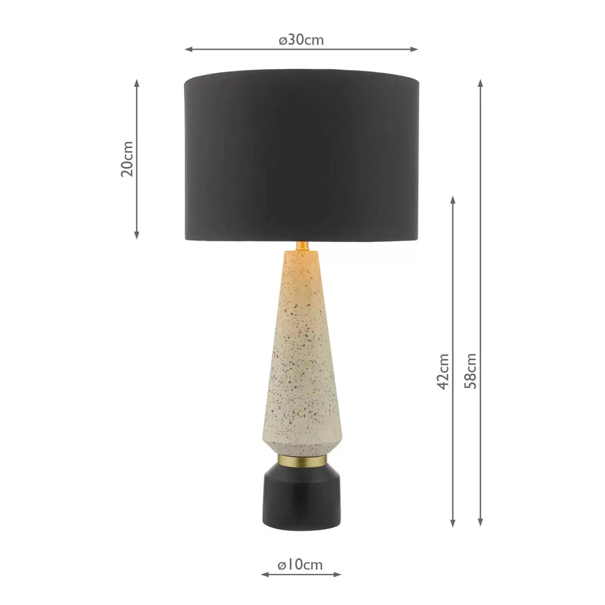 Front view of the Onora table lamp featuring a cylindrical black and gold flecked terrazzo base, topped with a black faux silk drum shade on a concrete sideboard.