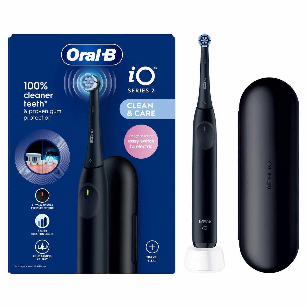 Oral-B iO 2 electric toothbrush in sleek Black, showcased with its charging base and protective travel case.
