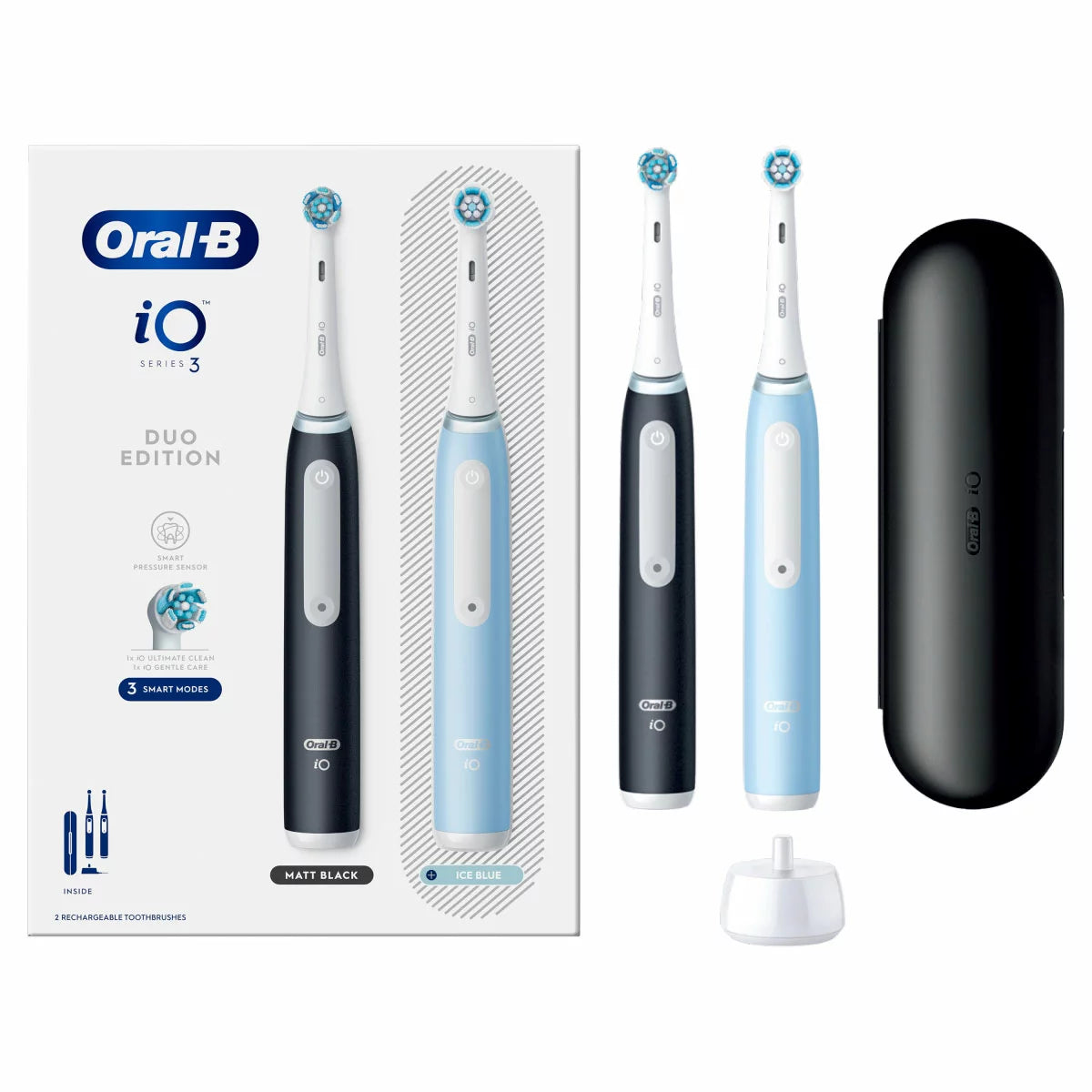 Oral-B iO 3 electric toothbrush duo pack featuring one Matt Black and one Ice Blue handle, displayed with a travel case and charging unit on a clean, modern bathroom surface.