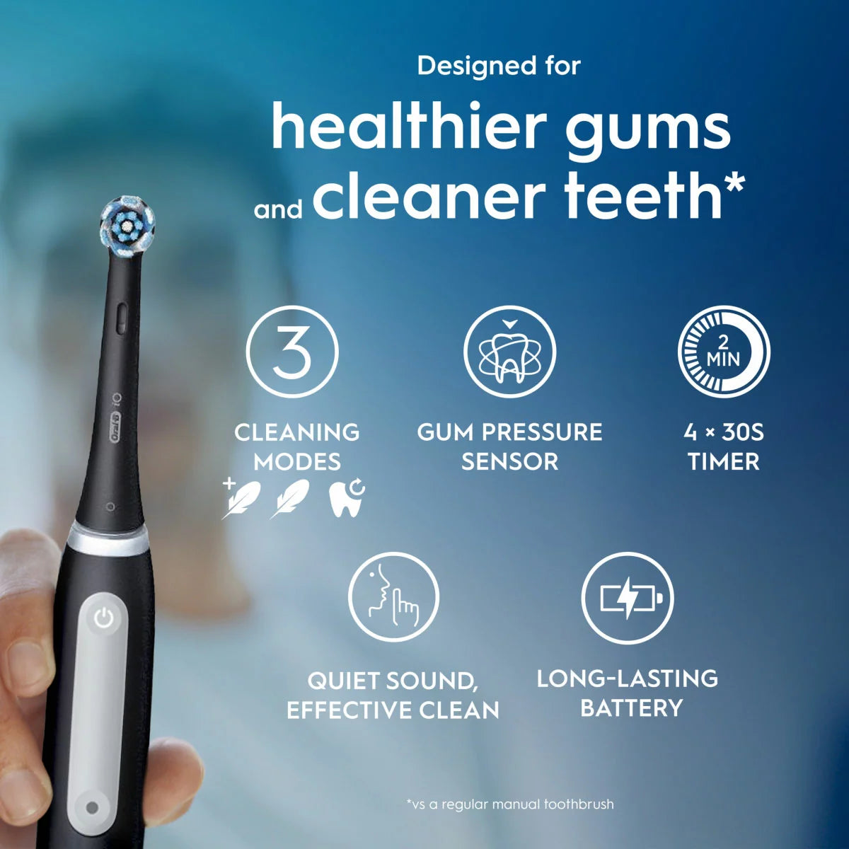 Oral-B iO 3 electric toothbrush duo pack featuring one Matt Black and one Ice Blue handle, displayed with a travel case and charging unit on a clean, modern bathroom surface.