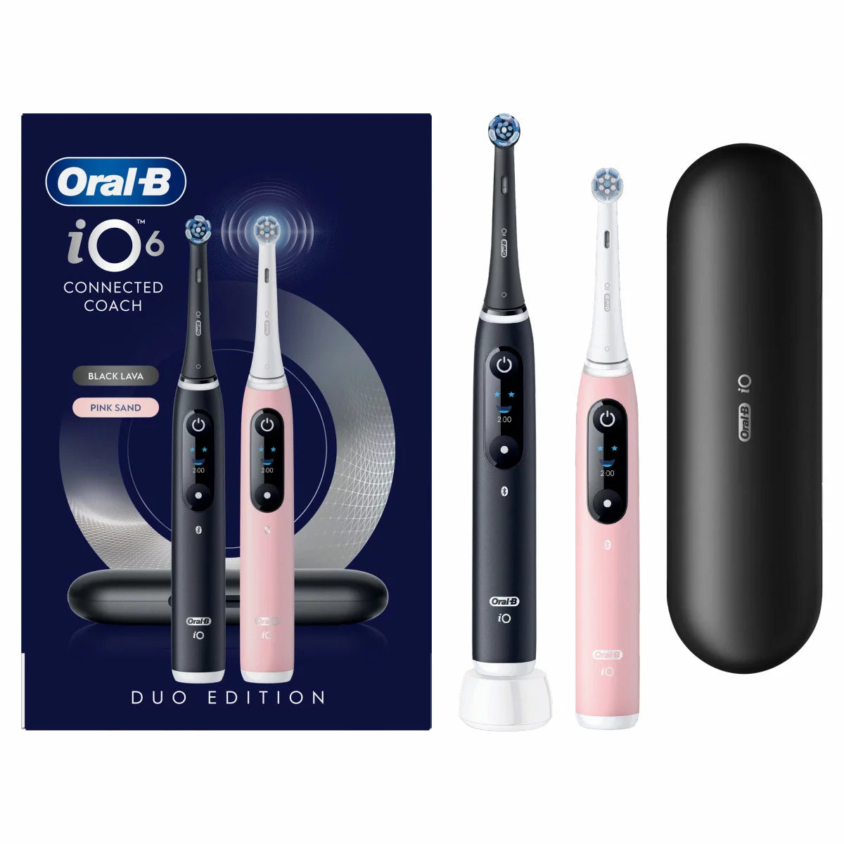 Oral-B iO 6 electric toothbrush duo pack in Black Lava and Pink Sand colors, arranged neatly on a modern vanity next to the included travel case and charging dock.
