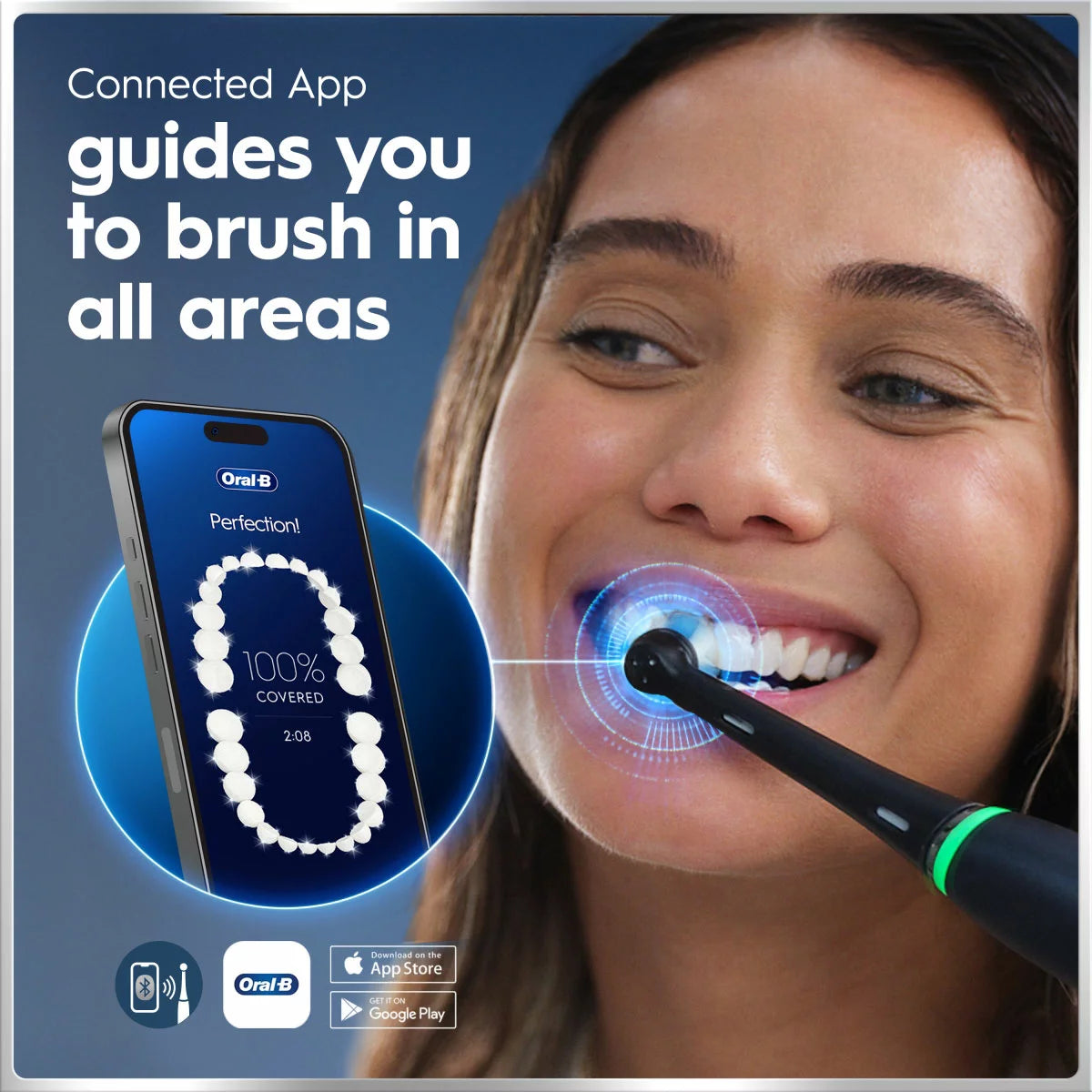 Oral-B iO 6 electric toothbrush duo pack in Black Lava and Pink Sand colors, arranged neatly on a modern vanity next to the included travel case and charging dock.