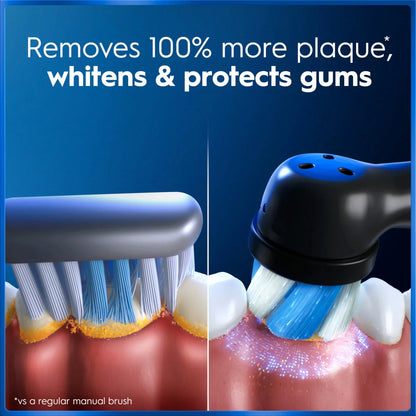 The Oral-B iO Series 5 electric toothbrush in matt black, shown with its Ultimate Clean brush head against a clean, modern bathroom background.