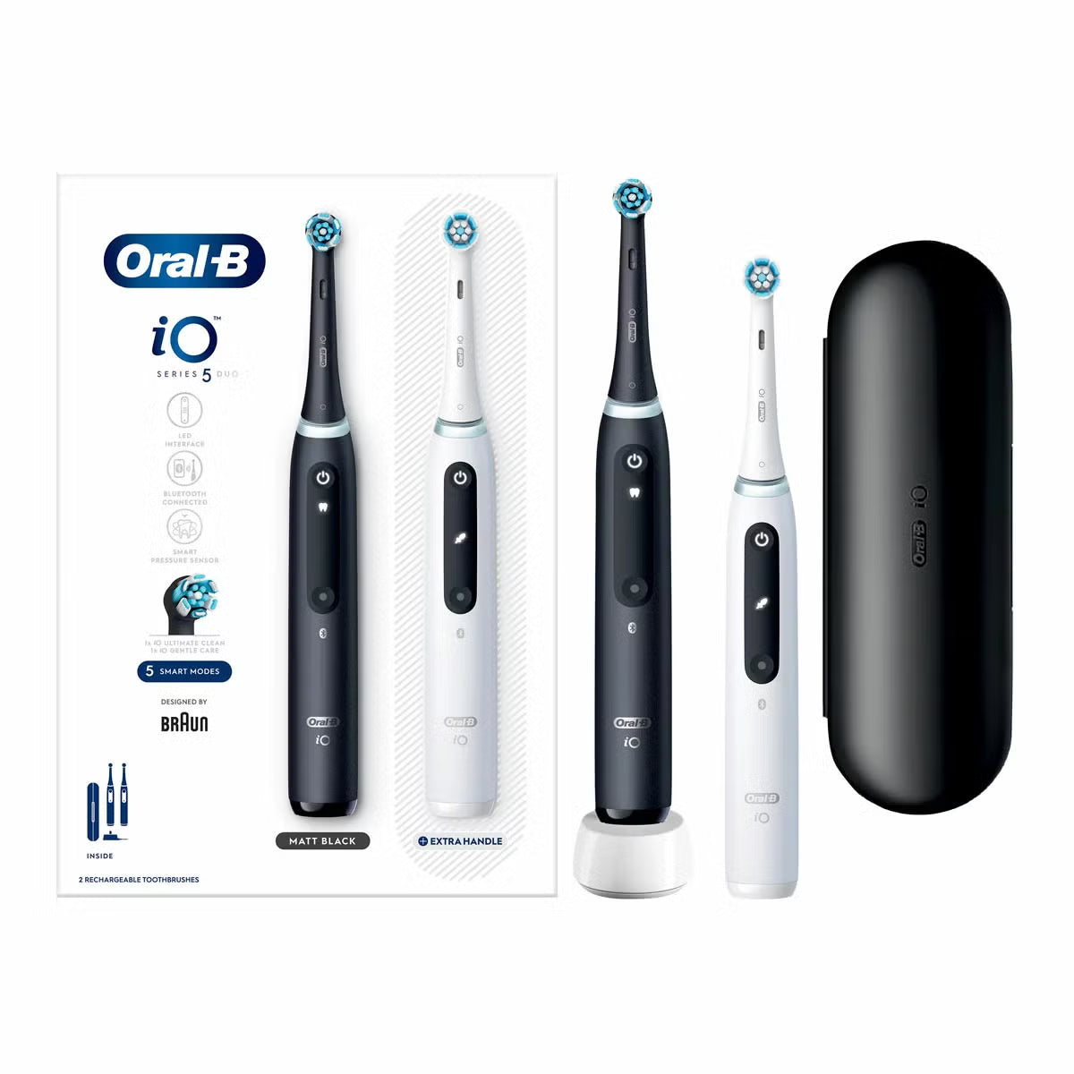 Oral-B iO Series 5 electric toothbrushes in Matt Black and Quite White standing upright with ultimate clean brush heads on a modern bathroom counter.