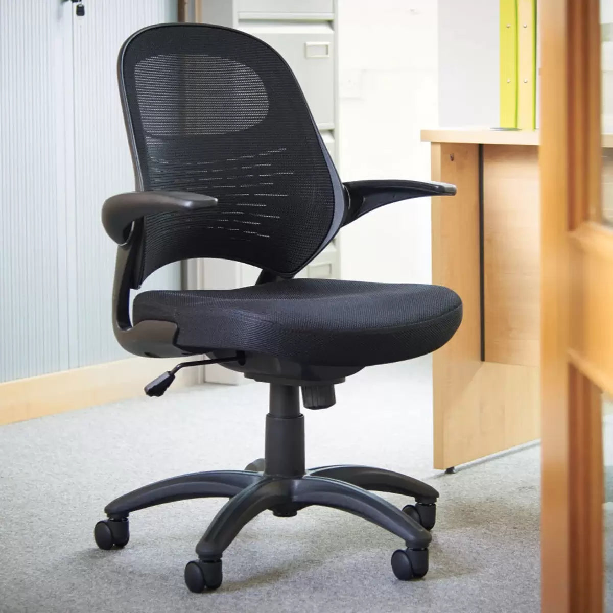 Black Orion fabric mesh operator chair with ergonomic lumbar support, adjustable height, and swivel base for office use.